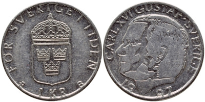 Швеция 1 крона 1997 Карл XVI Густав (1973- ) KM 852a медно-никель 4381-527