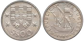 Португалия 5 эскудо 1985 KM 591 медно-никель 4143-144