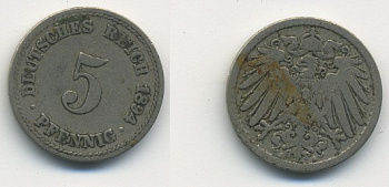 ГЕРМАНИЯ 5 ПФЕННИГОВ 1894 A, KM 11, J. 12 медно-никель 54-746