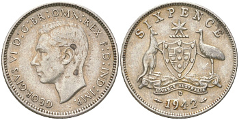 Австралия 6 пенсов 1942 D, Георг V (1936-1952) KM 38 серебро 4623-227