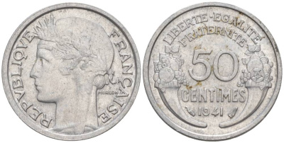 ФРАНЦИЯ 50 САНТИМОВ 1941 ТИП MORLON LOURDE KM 894.1a, LE FRANC 193.2 алюминий 44-249