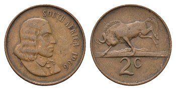 ЮАР 2 цента 1966 Ян ван Рибек (1619-1677), South Africa, легенда на английском, антилопа KM 66.1 бронза 4693-551