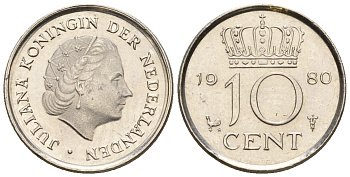 Нидерланды 10 центов 1980 Юлиана (1949-1980) KM 182 никель UNC 220-545