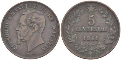 ИТАЛИЯ 5 ЧЕНТЕЗИМО 1861 М, МОНДВОР МИЛАН, ВИКТОР ЭММАНУИЛ II (1861-1878) KM 3.2 медь 4182-1245
