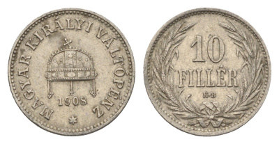 Венгрия 10 филлеров 1908 KB, Франц Иосиф I (1848-1916) KM 482 никель 4664-952