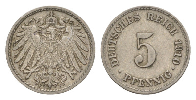 Германия 5 пфеннигов 1910 F, Вильгельм II (1888-1918) KM 11, J. 12 медно-никель 4640-132
