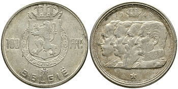 Бельгия 100 франков 1949 Belgie, королевская династия KM 139.1 серебро 1526-1324