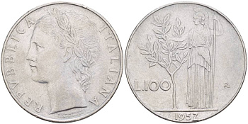 ИТАЛИЯ 100 ЛИР 1957 R, АФИНА У ОЛИВКОВОГО ДЕРЕВА KM 96.1 нержавеющая сталь 4545-622