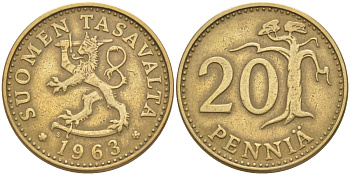 Финляндия 20 пенни 1965 S KM 47 алюминиевая бронза 219-1212