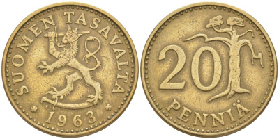 Финляндия 20 пенни 1965 S KM 47 алюминиевая бронза 219-1212