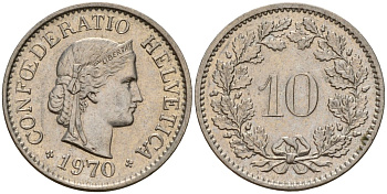 Швейцария 10 раппенов 1970 KM 27 медно-никель 4189-421