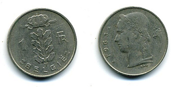 БЕЛЬГИЯ 1 ФРАНК 1963 BELGIE KM 143.1 медно-никель 25-1316