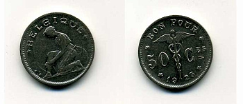 БЕЛЬГИЯ 50 САНТИМОВ 1923 BELGIQUE KM 87 никель 46-1141