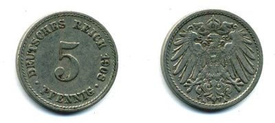 Германия 5 пфеннигов 1908 A KM 11, Jager 12, Weege 6 медно-никель 45-1131