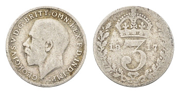 Великобритания 3 пенса 1917 Георг V (1910-1936) KM 813, Spink 4015 серебро 4697-952