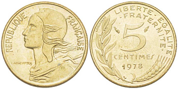 ФРАНЦИЯ 5 САНТИМОВ 1978 ТИП MARIANNE KM 933, LE FRANC 125.14 алюминиевая бронза 218-127
