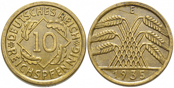 ГЕРМАНИЯ 10 РЕЙХСПФЕННИГОВ 1935 E, KM 40, J. 317 алюминиевая бронза 3856-144