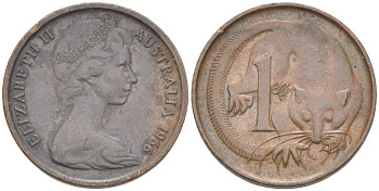 АВСТРАЛИЯ 1 ЦЕНТ 1966 ЕЛИЗАВЕТА II (1952-) МОЛОДОЙ ПОРТРЕТ, ОПОССУМ KM 62 бронза 4516-622