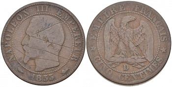 ФРАНЦИЯ 5 САНТИМОВ 1855 D, НАПОЛЕОН III (1852-1870) KM 777.4, LE FRANC 116.22 бронза 4448-1241