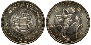 Япония 500 йен 2011 23 год, серия 47 префектур Японии, Тояма, танец на народном празднике Овара Казе-Но-Бон KM 171 биметалл UNC M38-18