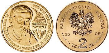 Польша 2 злотых 2009 MW, 25 лет со дня убийства Ежи Попелушко (1947-1984) KM 700 нордик UNC 4676-545