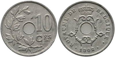 БЕЛЬГИЯ 10 САНТИМОВ 1902 BELGIQUE KM 48 медно-никель 4379-1032