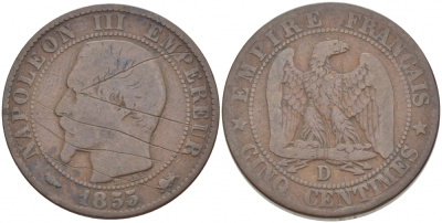 ФРАНЦИЯ 5 САНТИМОВ 1855 D, НАПОЛЕОН III (1852-1870) KM 777.4, LE FRANC 116.22 бронза 4448-1241