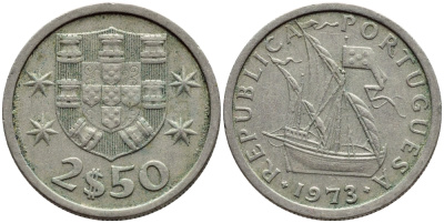 ПОРТУГАЛИЯ 2,5 ЭСКУДО 1973 ПАРУСНИК KM 590 медно-никель 4396-145