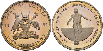 Уганда 1000 шиллингов 1994 чемпионат мира по футболу 1994 года в США, один игрок KM 113 медно-никель PROOF 04-327-43