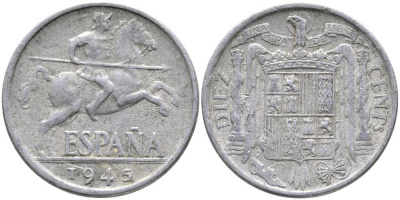 ИСПАНИЯ 10 СЕНТИМО 1945 РЫЦАРЬ НА КОНЕ KM 766 алюминий 110-926