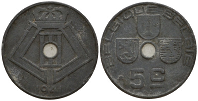 Бельгия 5 сантимов 1941 Belgique - Belgie KM 123 цинк 4548-1257