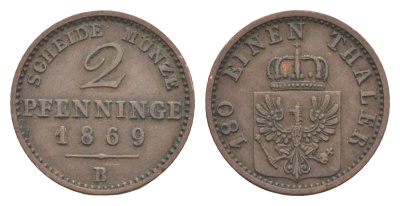 Пруссия 2 пфеннига 1869 B, Вильгельм I (1861-1888) KM 481, Jaeger 51, AKS 107, Olding 425 медь 4651-246