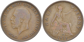 Великобритания 1/2 пенни 1936 Георг V (1910-1936) KM 837, Spink 4058 бронза 4514-1151