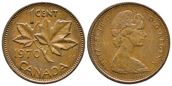 Канада 1 цент 1970 Елизавета II (1952-2022), кленовый лист KM 59.1 бронза 4679-949