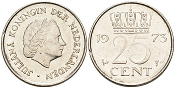 Нидерланды 25 центов 1973 Юлиана (1949-1980) KM 183 никель    4174-661