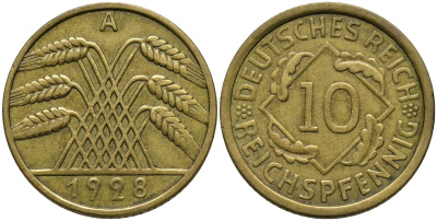 Германия 10 рейхспфеннигов 1928 A KM 40 алюминиевая бронза 4171-344