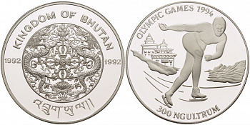 Бутан 300 нгултрумов 1992 Зимние Олимпийские игры 1994 в Лиллехаммере, конькобежец KM 74 серебро PROOF 04-102-42