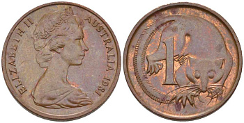 АВСТРАЛИЯ 1 ЦЕНТ 1981 ЕЛИЗАВЕТА II, МОЛОДОЙ ПОРТРЕТ, ОПОССУМ KM 62 бронза 100-861