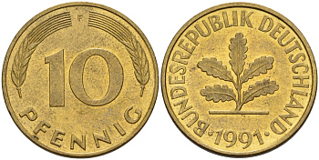 ФРГ 10 пфеннигов 1991 F KM 108, J. 383 сталь плакированная латунью 4175-1013