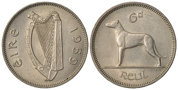 ИРЛАНДИЯ 6 ПЕНСОВ 1959 ИРЛАНДСКИЙ ВОЛКОДАВ KM 13a медно-никель 3334-311