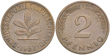 ФРГ 2 ПФЕННИГА 1962 J KM 106, J. 381 бронза 4181-733