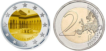 ИСПАНИЯ 2 ЕВРО 2011 ЮНЕСКО - АЛЬГАМБРА, ХЕНЕРАЛИФЕ И АЛЬБАСИН В ГОРОДЕ ГРАНАДА KM 1184 биметалл UNC M45-07