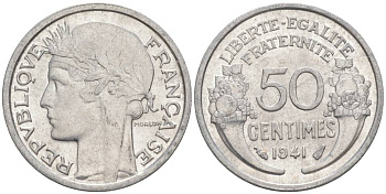 ФРАНЦИЯ 50 САНТИМОВ 1941 ТИП MORLON LOURDE KM 894.1a, LE FRANC 193.2 алюминий 44-267