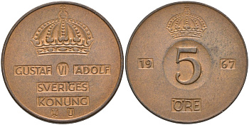 Швеция 5 эре 1967 U, Густав VI Адольф (1950-1973) KM 822 бронза 4557-825