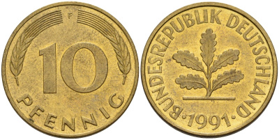 ФРГ 10 пфеннигов 1991 F KM 108, J. 383 сталь плакированная латунью 4175-1013