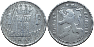 БЕЛЬГИЯ 1 ФРАНК 1946 BELGIE-BELGIQUE, ГЕРМАНСКАЯ ОККУПАЦИЯ, ВТОРАЯ МИРОВАЯ ВОЙНА KM 128 цинк 4390-133