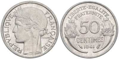 ФРАНЦИЯ 50 САНТИМОВ 1941 ТИП MORLON LOURDE KM 894.1a, LE FRANC 193.2 алюминий 44-267