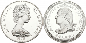 Остров Мэн 1 крона 1976 200 лет независимости США, Джордж Вашингтон KM 37a серебро PROOF 02-035-41