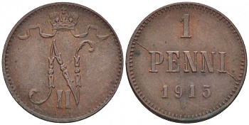 РОССИЯ ДЛЯ ФИНЛЯНДИИ 1 ПЕННИ 1915 НИКОЛАЙ II KM 13, Биткин 475 медь 261-1123