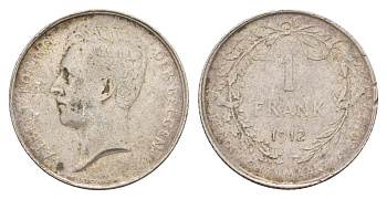 Бельгия 1 франк 1912 Belgen, Альберт I (1909-1934) KM 73.1 серебро 4654-912